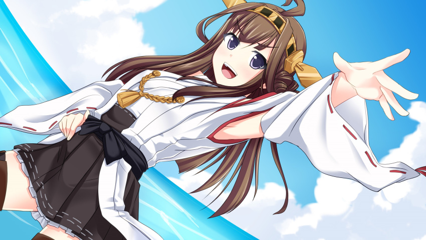 1girl absurdres ahoge blue_eyes blue_sky blush boots brown_hair clouds detached_sleeves double_bun furukawa_tsukumo hair_ornament hairband headgear highres japanese_clothes kantai_collection kongou_(kantai_collection) long_hair nontraditional_miko open_mouth personification skirt sky smile solo thigh_boots thighhighs water