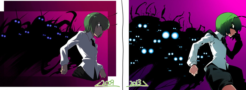 1girl 2009 2013 antennae before_and_after cape comparison creature cropped_legs green_eyes green_hair highres progress shaded_face short_hair skin_tight solo_focus space_jin touhou wriggle_nightbug