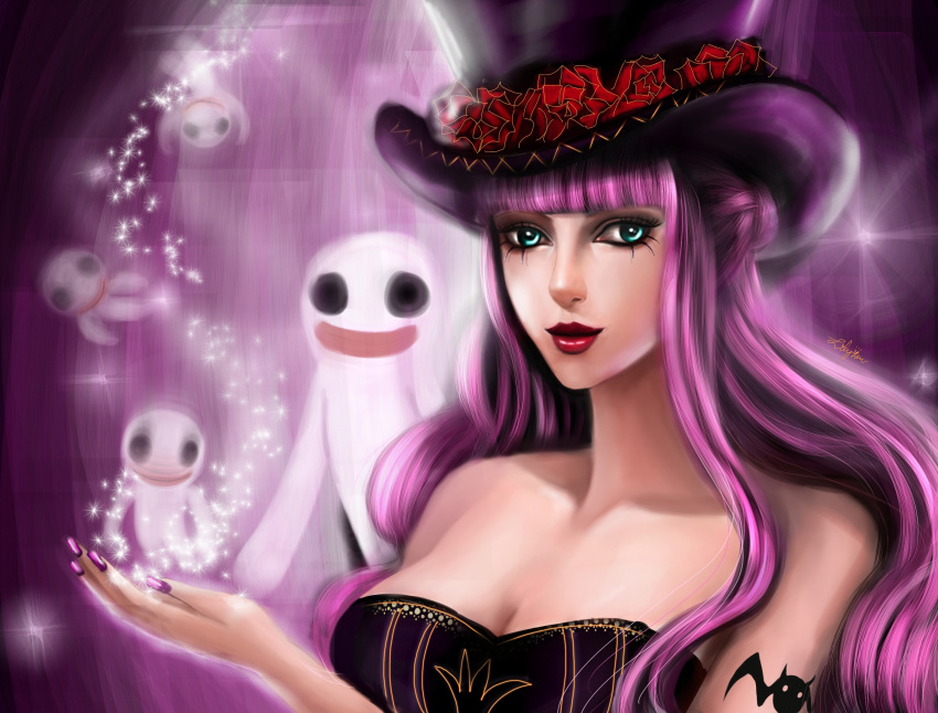 1girl blue_eyes breasts cleavage close-up ghost hat highres lilyzou lipstick long_hair makeup nail_polish one_piece perona pink pink_hair signature solo sparkle tattoo top_hat