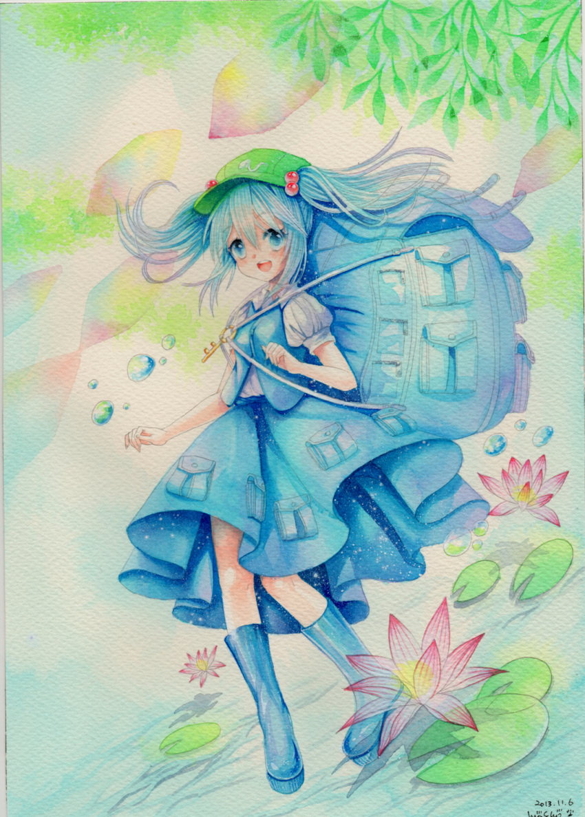 1girl artist_name backpack bag blue_eyes blue_hair blush boots bubble dated flower full_body hair_bobbles hair_ornament hat highres kawashiro_nitori key leaf looking_at_viewer lotus mosho open_mouth pocket puffy_sleeves rubber_boots shirt short_hair short_sleeves skirt skirt_set smile solo touhou traditional_media twintails vest water watercolor_(medium) white_shirt