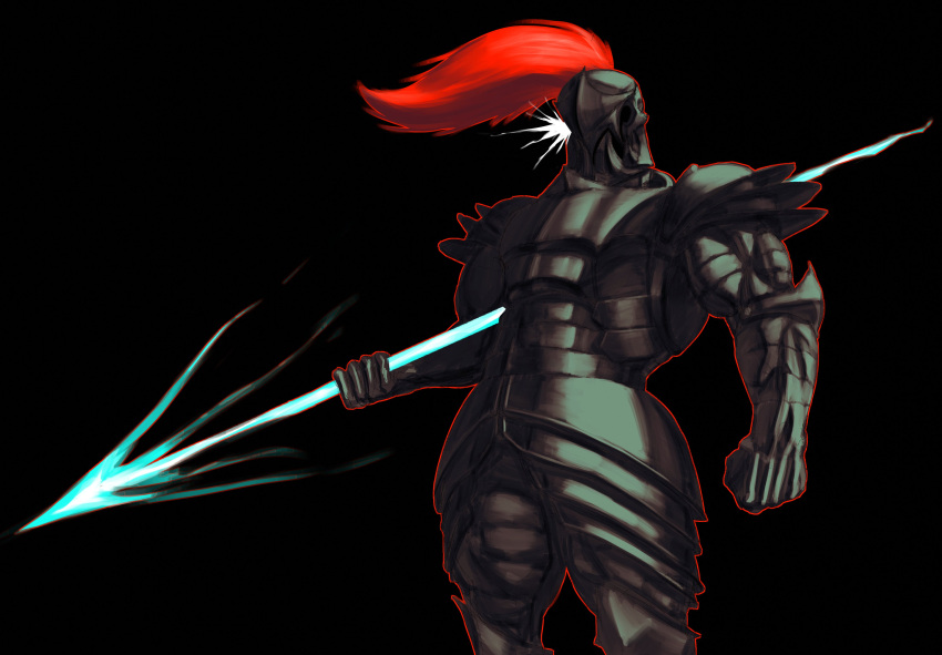 1girl absurdres armor black_background cowboy_shot energy_spear fish_girl glowing glowing_eye highres knight outline outofuniform510 plume red_outline simple_background solo spiked_armor spikes undertale undyne utdr_(toby_fox)