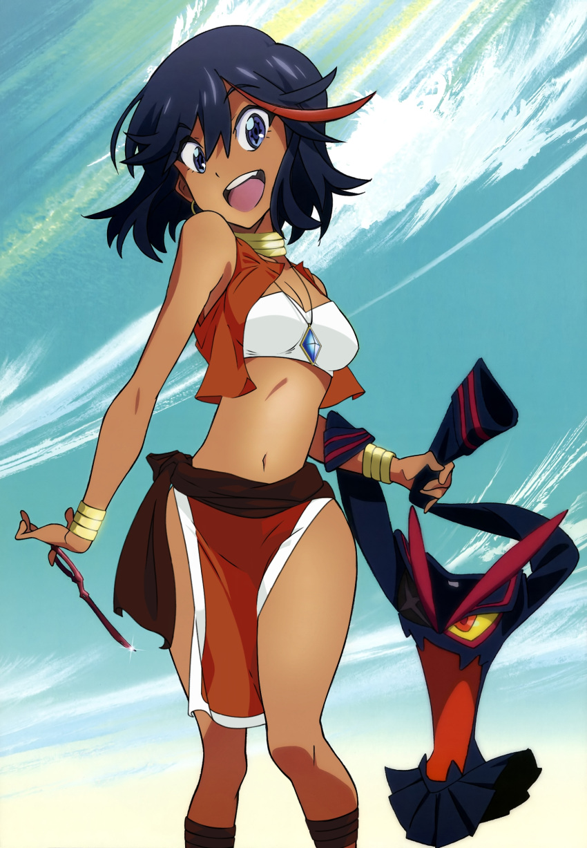 1girl absurdres artist_request bare_shoulders black_hair blue_eyes bob_cut bracelet breasts cleavage clouds company_connection cosplay cross-laced_sandals crossover derivative_work earrings fushigi_no_umi_no_nadia gainax hair_ornament hairclip happy highlights highres jewelry kill_la_kill loincloth looking_at_viewer matoi_ryuuko midriff multicolored_hair nadia nadia_(cosplay) navel neck_ring necklace open_mouth parody redhead senketsu short_hair sky smile solo trigger_(company) vest