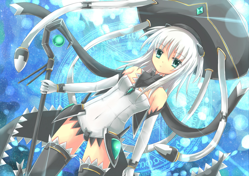 1girl blue_eyes boots elbow_gloves gloves highres kantai_collection long_hair looking_at_viewer magic_circle magical_girl personification silver_hair solo staff tenhi_tsukitori tentacles thigh_boots thighhighs wo-class_aircraft_carrier