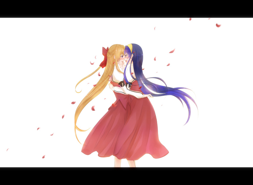 2girls asa0508 blonde_hair blue_eyes blue_hair blush bow couple hair_bow hairband hand_on_another's_cheek hand_on_another's_face highres himemiya_chikane holding hug incipient_kiss kannazuki_no_miko kurusugawa_himeko letterboxed long_hair long_skirt long_sleeves looking_at_another multiple_girls open_mouth petals school_uniform side simple_background skirt violet_eyes white_background wind yuri