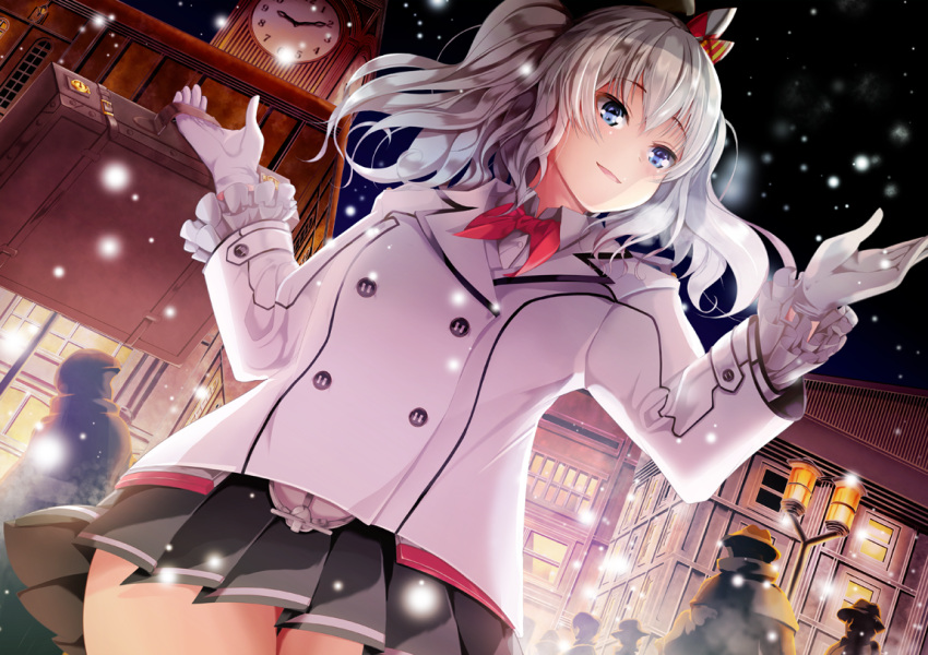 1girl beret blue_eyes commentary_request epaulettes frilled_sleeves frills from_below gloves hat hopper jacket kantai_collection kashima_(kantai_collection) kerchief military military_uniform pleated_skirt red_ribbon revision ribbon sidelocks silver_hair skirt snow snowing solo_focus tsurime twintails uniform wavy_hair white_gloves