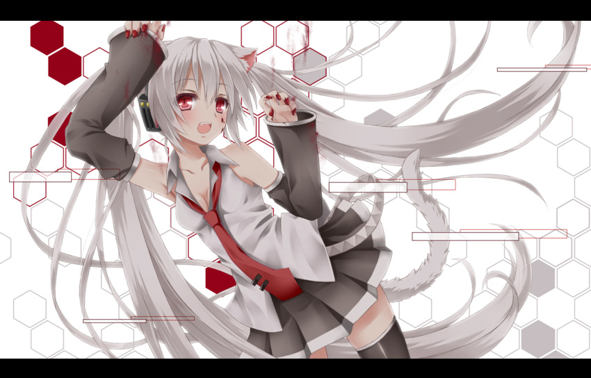 1girl animal_ears blood cat_ears cat_tail detached_sleeves fang hatsune_miku headphones letterboxed long_hair necktie red_eyes silver_hair skirt solo tail thigh-highs toki_(toki-master) twintails very_long_hair vocaloid