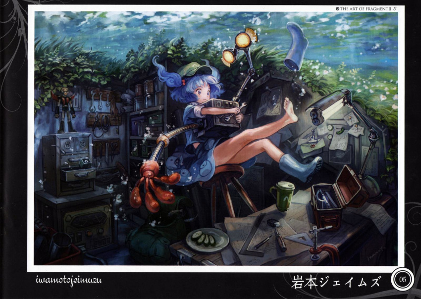 1girl backpack bag blue_eyes blue_hair boots bubble cable chair combination_wrench cucumber double_sided_wrench extra_arms gears gloves grass hair_bobbles hair_ornament hat highres holding iwamoto_james kawashiro_nitori key lamp leaf machine mechanical_arm pen pincers plant pliers pocket rubber_boots screwdriver shelf shirt short_sleeves short_twintails skirt skirt_set sleeves_rolled_up solo sunbeam sunlight tool_kit toolbox tools touhou twintails underwater wet wet_clothes wrench