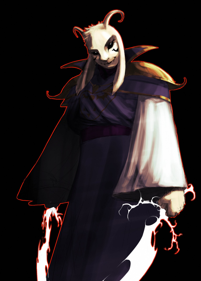 1boy absurdres animal_ears asriel_dreemurr asriel_dreemurr_(god_of_hyperdeath) black_hair black_sclera colored_sclera commentary cowboy_shot electricity energy_sword english_commentary fangs furry goat_boy goat_ears goat_horns highres horns outline outofuniform510 red_outline robe simple_background solo sword undertale utdr_(toby_fox) weapon white_fur