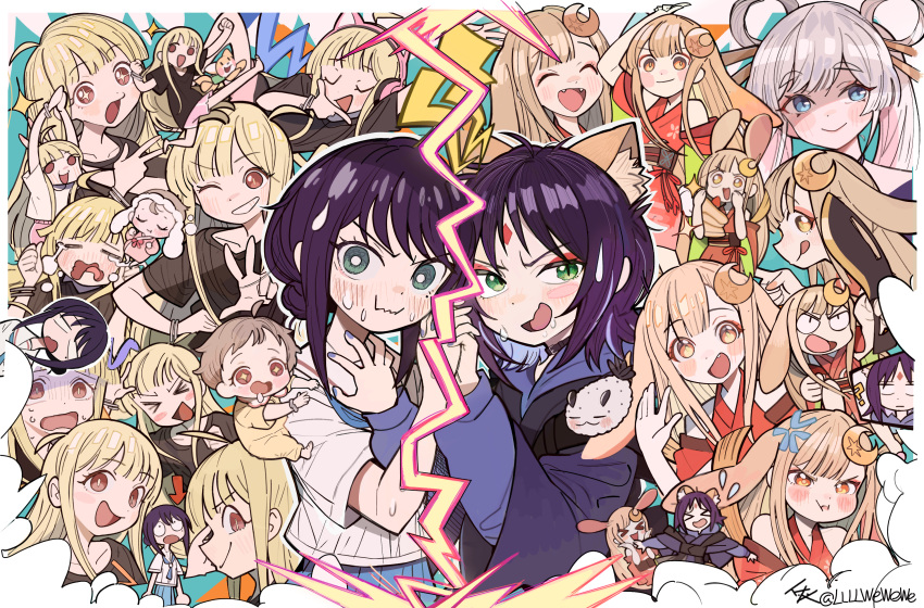 ? absurdres anger_vein animal_ears arrow_(symbol) baby belt_collar black_hair blonde_hair blue_eyes blush chibi chinese_commentary cho_kaguya-hime! closed_eyes collar commentary_request crescent crescent_hair_ornament crying eyeliner flying_sweatdrops forehead_jewel fox_ears fushi_(cho_kaguya-hime!) green_eyes hair_ornament hair_rings hair_stick headphones highres holding holding_hands holding_weapon inudoge kaguya_(cho_kaguya-hime!) llllwewewe long_hair lop_rabbit_ears makeup multicolored_hair multiple_girls nail_polish pout rabbit_ears red_eyeliner red_eyes runami_yachiyo sakayori_iroha school_uniform short_hair smile twintails two-tone_hair very_long_hair weapon white_hair