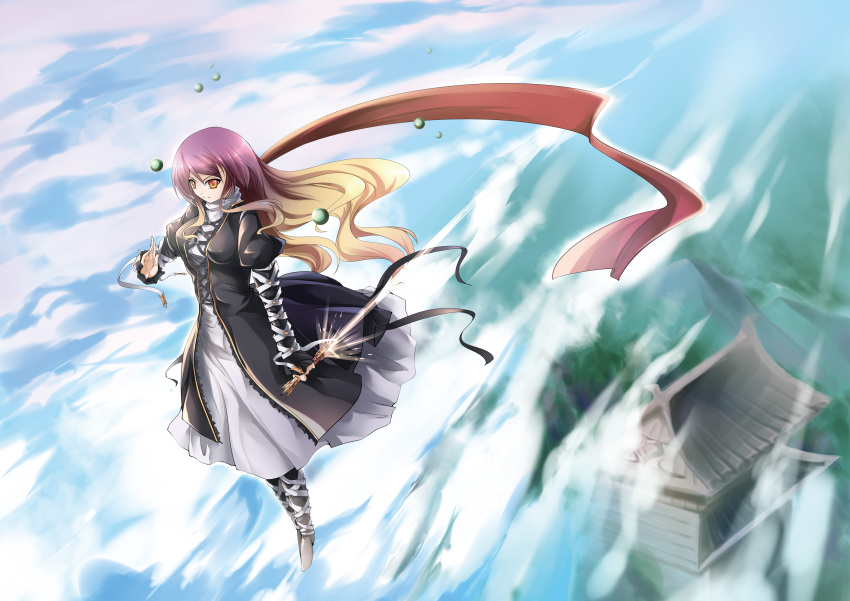 1girl absurdres angetsu_no_koshousha blue_sky boots clouds east_asian_architecture flying from_above frown gradient_hair high_collar highres hijiri_byakuren juliet_sleeves layered_dress light_trail long_hair long_sleeves looking_at_viewer mountain multicolored_hair puffy_sleeves scarf sky solo sphere touhou wind yellow_eyes
