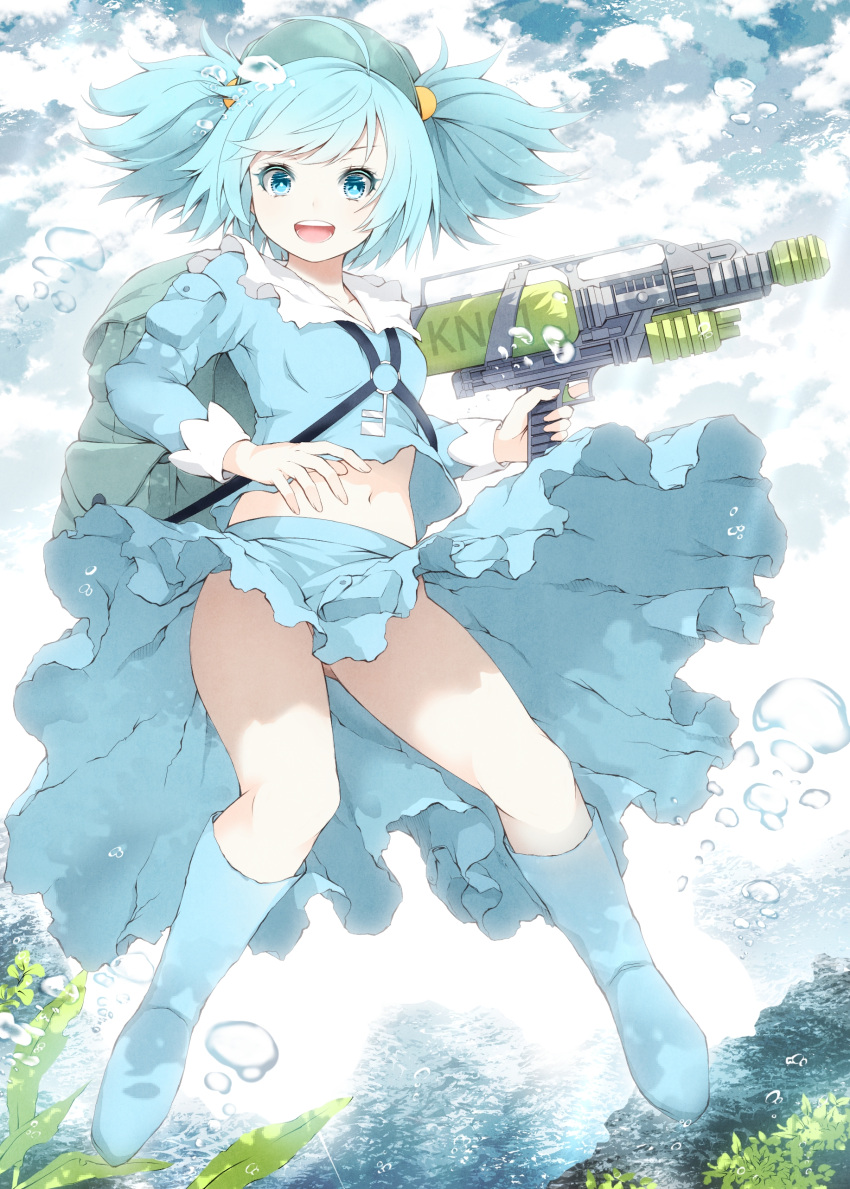 1girl absurdres backpack bag blue_eyes blue_hair boots hair_bobbles hair_ornament hat highres kawashiro_nitori key long_sleeves looking_at_viewer mikoma_sanagi navel no_panties open_mouth short_hair skirt smile solo touhou trigger_discipline twintails underwater weapon