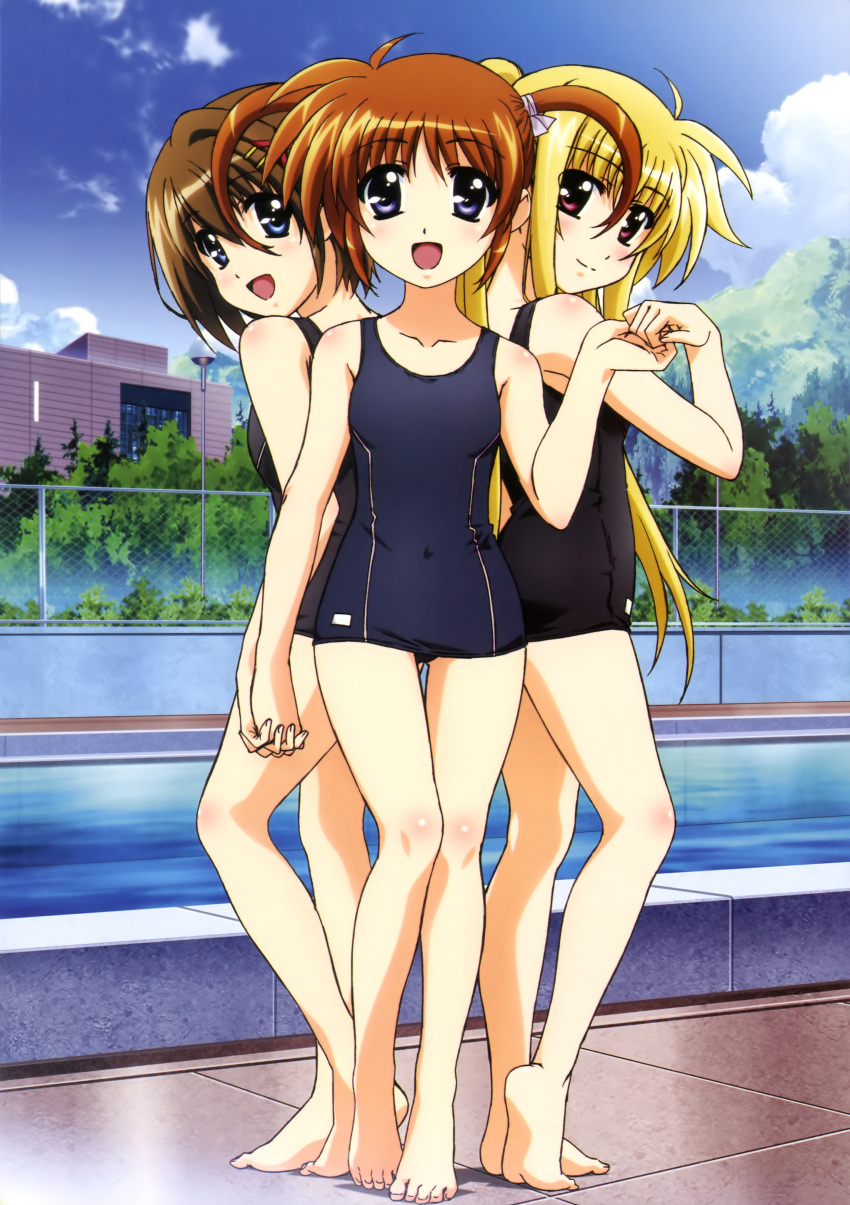 3girls absurdres blush fate_testarossa flat_chest hashimoto_takayoshi highres holding_hands interlocked_fingers legs looking_at_viewer lyrical_nanoha mahou_shoujo_lyrical_nanoha mahou_shoujo_lyrical_nanoha_a's mahou_shoujo_lyrical_nanoha_the_movie_2nd_a's multiple_girls official_art open_mouth pool poolside school_swimsuit smile swimsuit takamachi_nanoha yagami_hayate