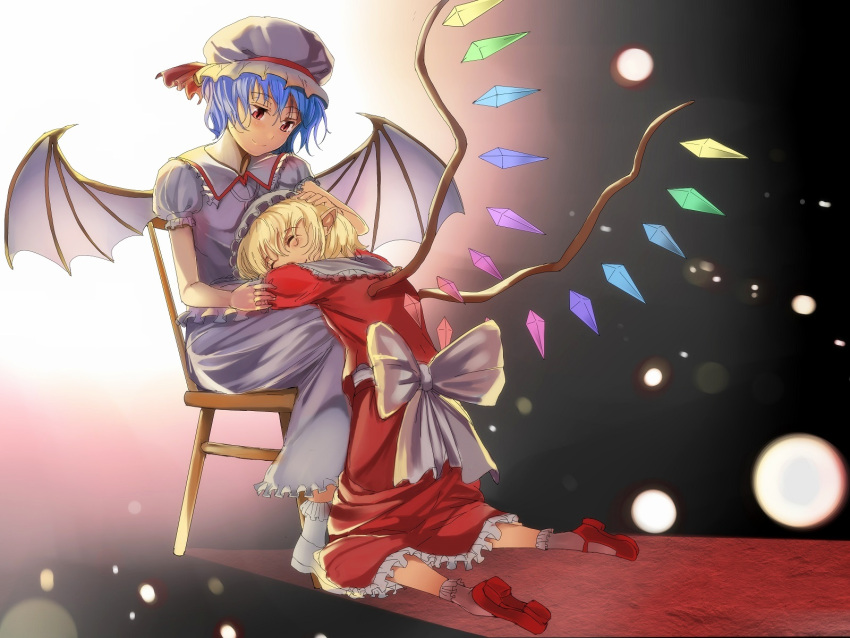 2girls ankle_socks bat_wings blonde_hair blue_hair bow chair closed_eyes flandre_scarlet gradient gradient_background hand_on_another's_head hat hat_ribbon head_rest herr_meer highres kneeling light_particles looking_at_another mary_janes mob_cap multiple_girls on_lap pointy_ears puffy_short_sleeves puffy_sleeves red_eyes remilia_scarlet ribbon shoes short_hair short_sleeves siblings sisters sitting skirt skirt_set slit_pupils smile touhou wings