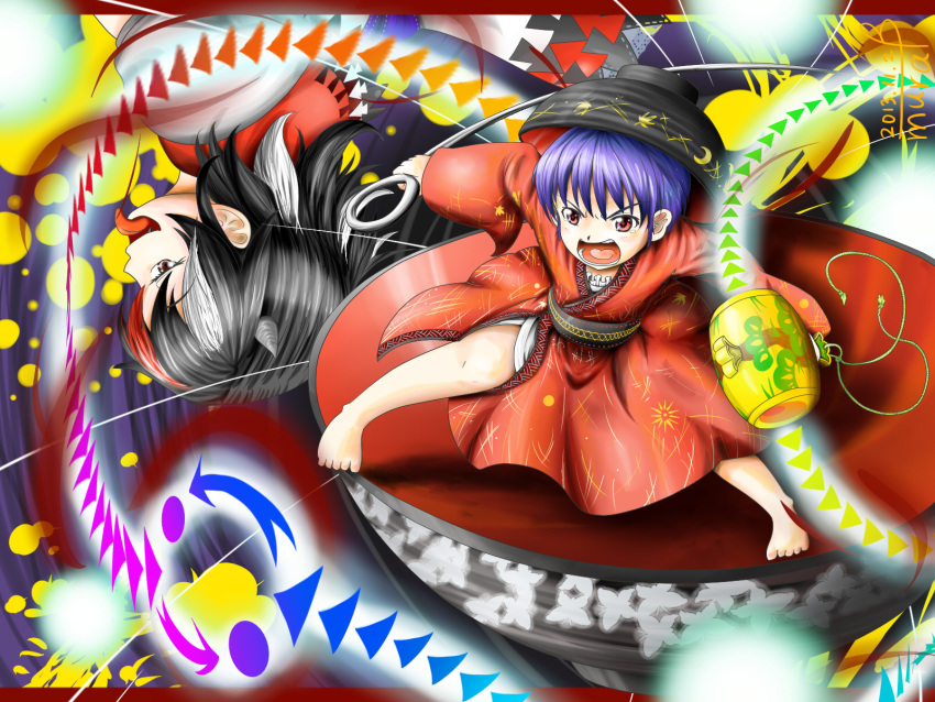 2girls bare_legs barefoot blue_hair bowl crescent dated directional_arrow ears fang highres horns japanese_clothes kijin_seija kimono layered_dress leaf legs_apart letterboxed light_particles long_tongue looking_away mallet maple_leaf mubii multicolored_background multicolored_hair multiple_girls needle obi open_mouth outstretched_arms red_eyes short_hair shouting side_glance signature sukuna_shinmyoumaru tears tongue tongue_out touhou upside-down