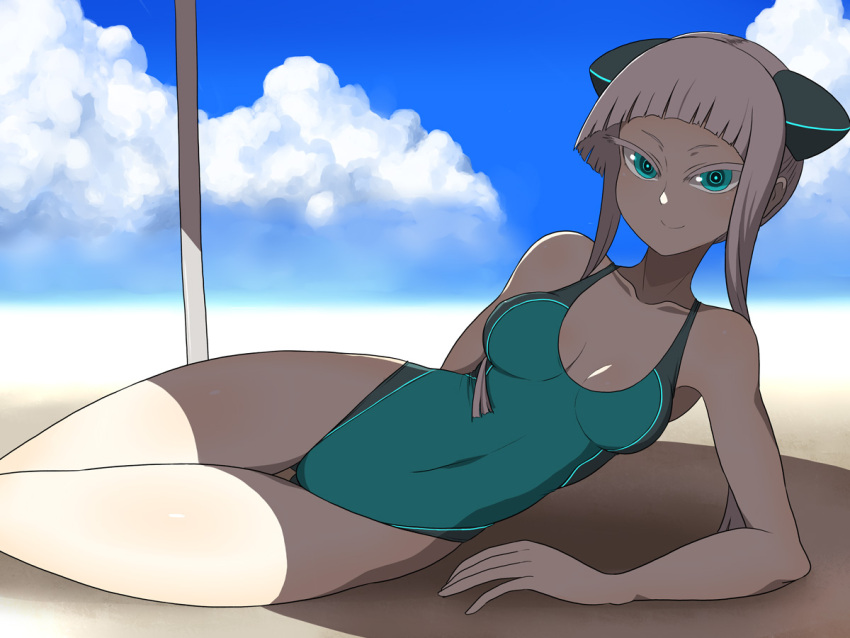 1girl adapted_costume alternate_color alternate_costume aqua_eyes arm_behind_back beach blurry breasts cleavage clouds colored_eyelashes competition_swimsuit depth_of_field electro_emilia green_swimsuit headgear hime_cut ken_(koala) legs long_hair lying neon_trim on_side one-piece_swimsuit original sand shade sky smile solo swimsuit thigh_gap thighs white_hair