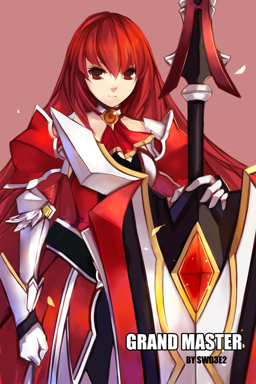 1girl armor armored_dress artist_name elesis elsword gloves highres huge_weapon long_hair neckerchief pink_background red_eyes redhead solo swd3e2 sword weapon