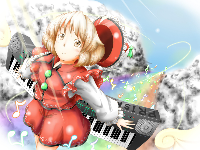 1girl :&gt; blue_sky blush clouds flying hat hat_removed headwear_removed highres instrument keyboard_(instrument) light_brown_eyes light_brown_hair light_trail long_sleeves looking_at_viewer lyrica_prismriver mubii musical_note outstretched_arms rainbow shooting_star short_hair skirt skirt_set sky smile solo touhou treble_clef