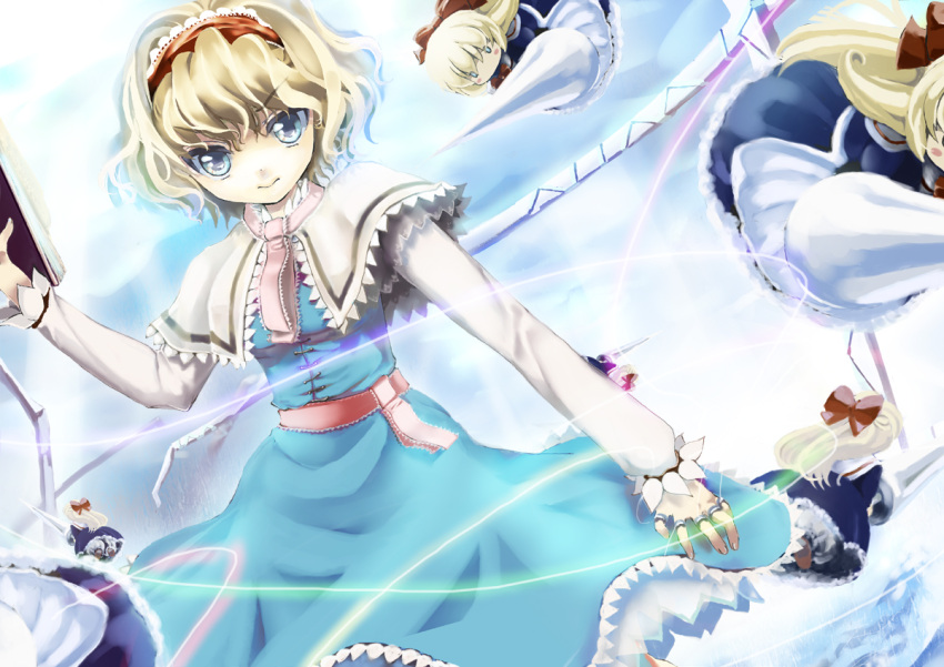 1girl alice_margatroid blonde_hair blue_eyes book capelet doll hair_ribbon hairband holding holding_book long_sleeves looking_at_viewer oka_(umanihiki) polearm ribbon sash serious shanghai_doll spear string touhou weapon