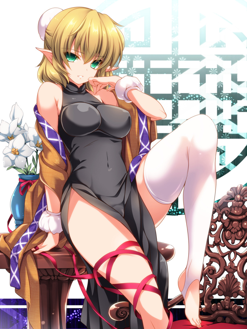 1girl blonde_hair breasts chair china_dress chinese_clothes clothed_navel dress flower green_eyes hair_bun highres large_breasts looking_at_viewer mizuhashi_parsee moneti_(daifuku) open_mouth pointy_ears ribbon short_hair solo table thighhighs toeless_legwear touhou vase white_legwear