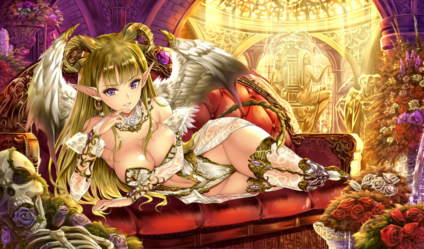 1girl bare_shoulders blonde_hair blush breasts bridal_gauntlets choker cleavage couch flower fountain horns jewelry large_breasts long_hair looking_at_viewer lying navel on_side original pointy_ears rose saburou_(hgmg) single_earring skeleton smile solo tail thighhighs violet_eyes white_legwear wings