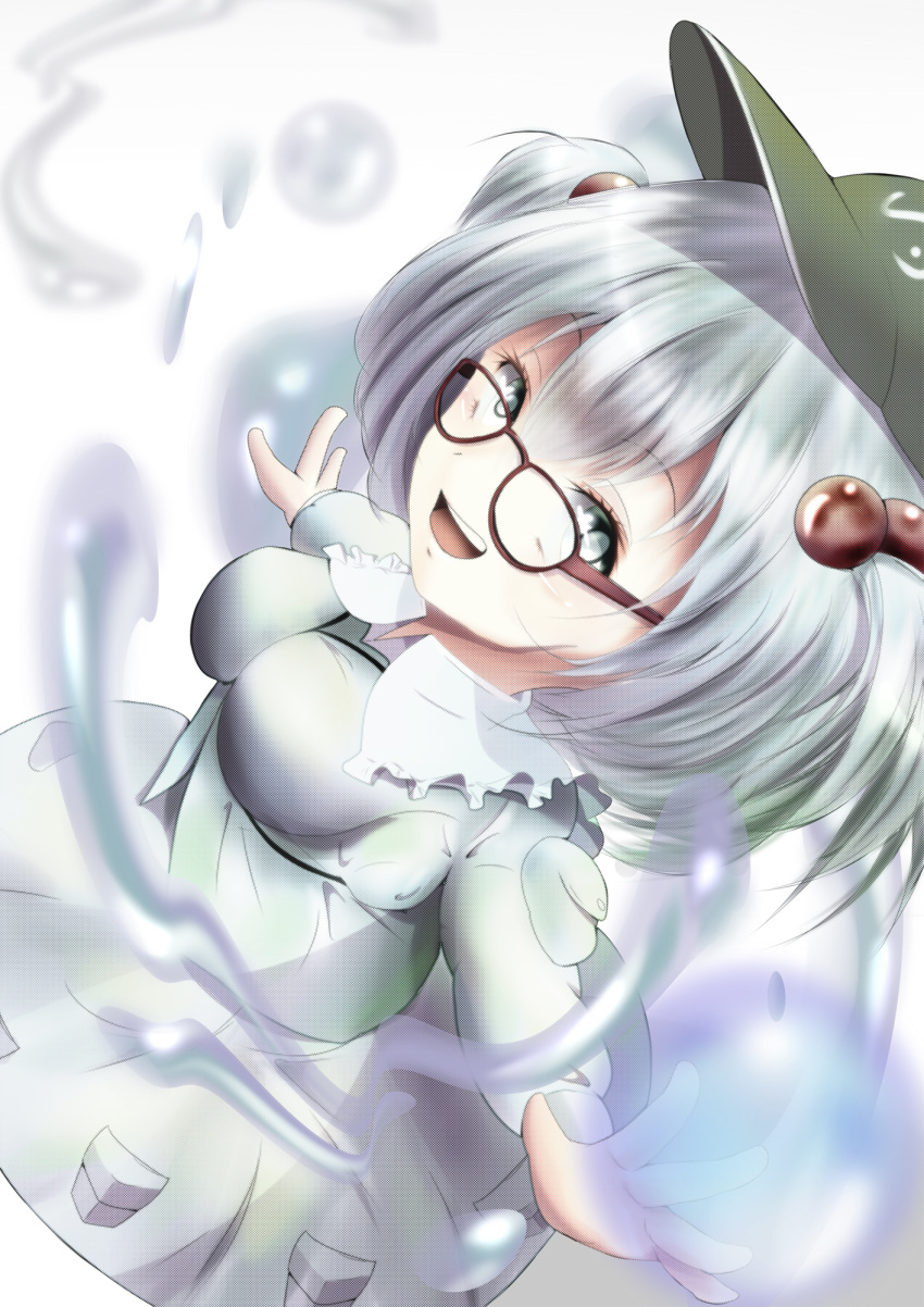 1girl backpack bag bespectacled blue_eyes blue_hair bubble dress glasses hair_bobbles hair_ornament hat highres kawashiro_nitori key long_sleeves looking_at_viewer open_mouth pocket shirt short_hair short_twintails skirt skirt_set smile solo touhou twintails water