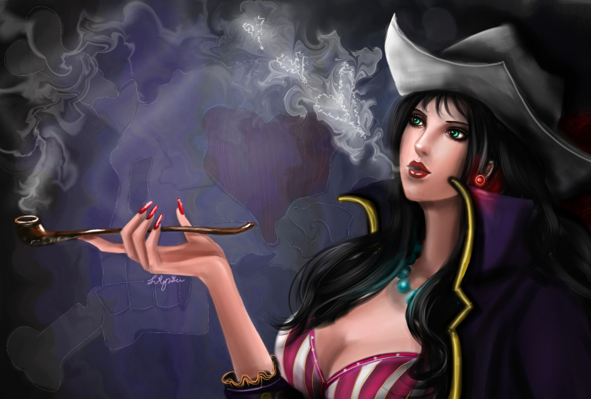 1girl alvida_(one_piece) bikini_top black_hair breasts cleavage close-up earrings green_eyes hat heart high_collar highres jewelry jolly_roger lilyzou lipstick long_hair makeup nail_polish necklace one_piece open_clothes open_coat pipe signature smoke smoking solo striped_bikini_top