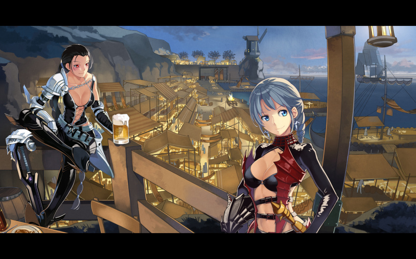 2girls alcohol beek beer black_hair blue_eyes braid fiona_(mabinogi) highres mabinogi_heroes multiple_girls red_eyes weapon white_hair