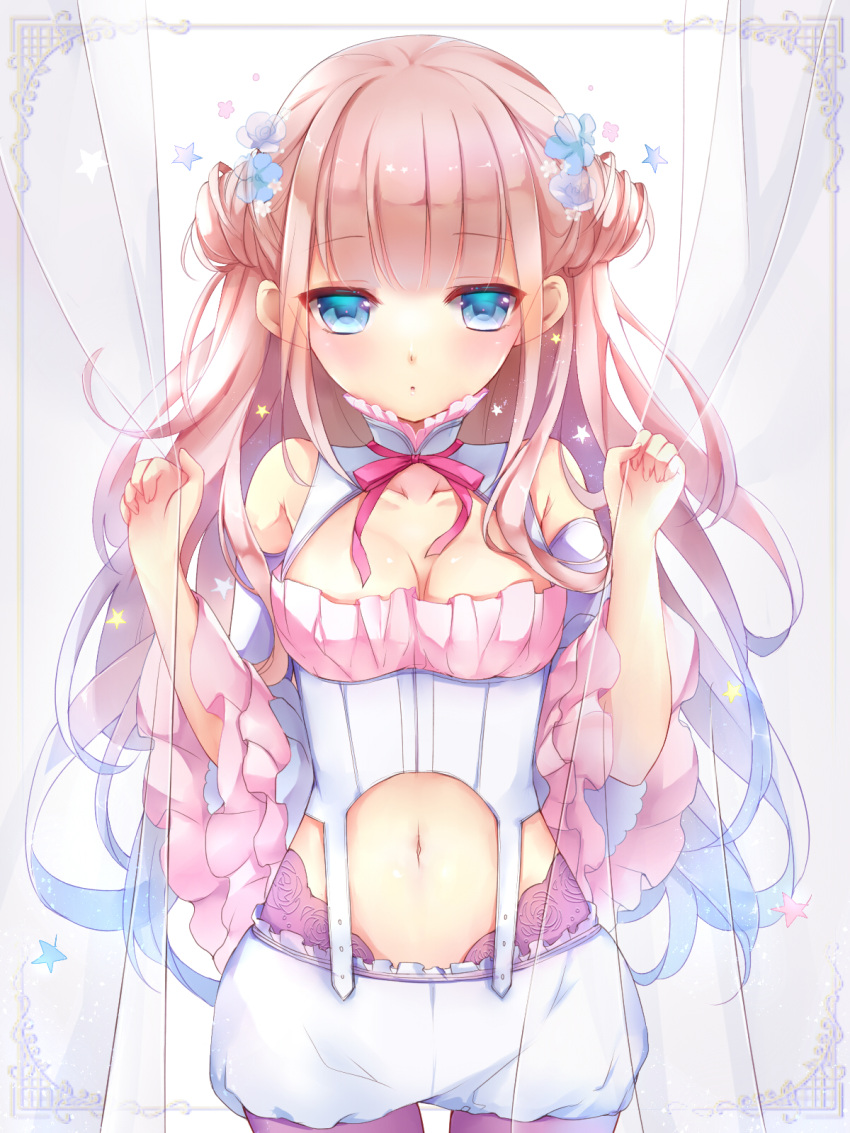 1girl blue_eyes breasts cleavage curtains detached_sleeves double_bun dress highres navel_cutout pink_hair solo tagme tukino_(panna)