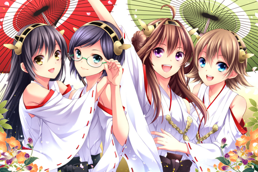 4girls bare_shoulders black_hair blue_eyes blush breasts brown_hair detached_sleeves double_bun flower glasses hairband haruna_(kantai_collection) headgear hiei_(kantai_collection) japanese_clothes kantai_collection kirishima_(kantai_collection) kongou_(kantai_collection) long_hair multiple_girls nontraditional_miko open_mouth oriental_umbrella personification ringo_ame short_hair skirt smile umbrella violet_eyes yellow_eyes