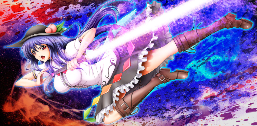 1girl aura blue_hair boots breasts buckle cross-laced_footwear flying food fruit hand_on_hilt hat highres hinanawi_tenshi knee_boots knee_up layered_dress leaf light_trail long_hair looking_at_viewer lying on_side open_mouth peach red_eyes reverse_grip short_sleeves size_hermitage sky solo star_(sky) starry_sky sword_of_hisou touhou