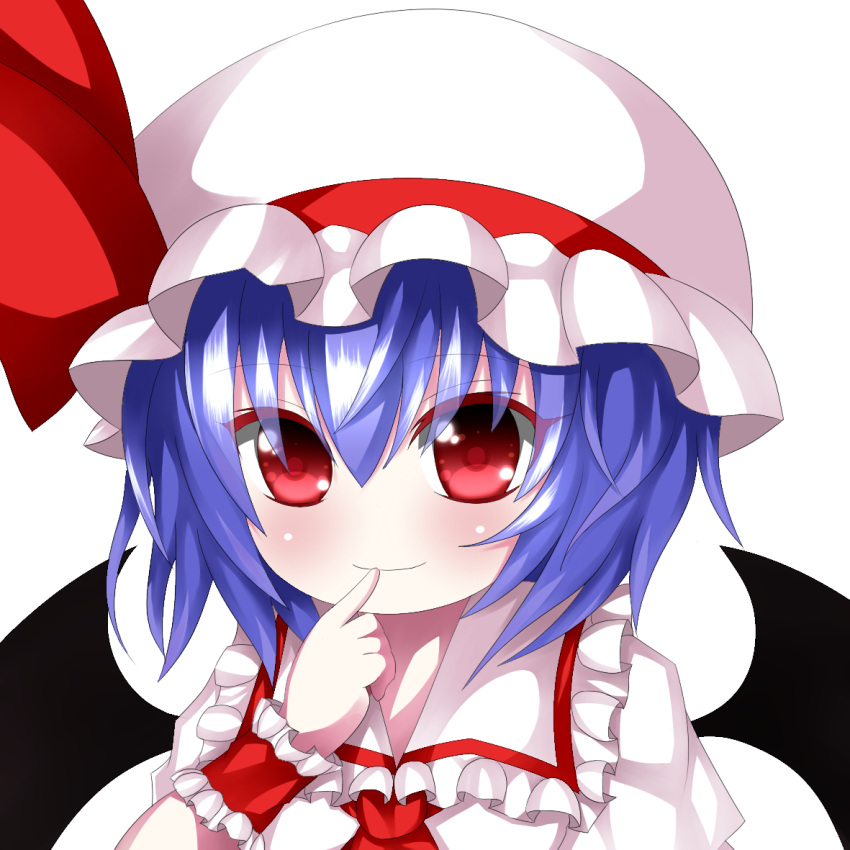 1girl amenomurakumo26 ascot bat_wings blouse blue_hair blush bow collared_shirt facing_viewer frilled_shirt hand_on_own_face hat hat_bow looking_at_viewer mob_cap portrait red_eyes remilia_scarlet simple_background smile solo touhou wings wrist_cuffs