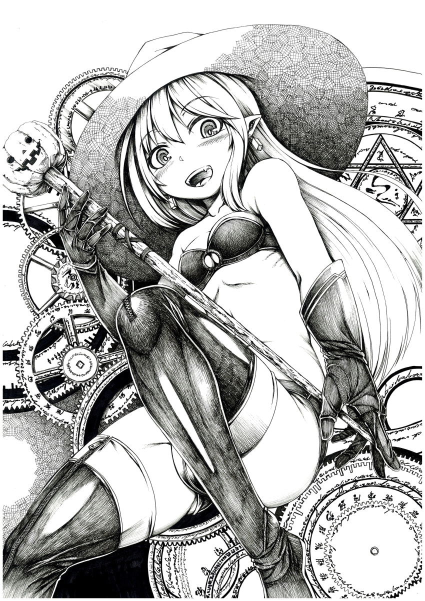 1girl absurdres bandeau earrings elbow_gloves fangs gears gloves harigane_shinshi hat highres jack-o'-lantern jewelry long_hair millipen_(medium) monochrome original pointy_ears solo staff thighhighs traditional_media witch_hat