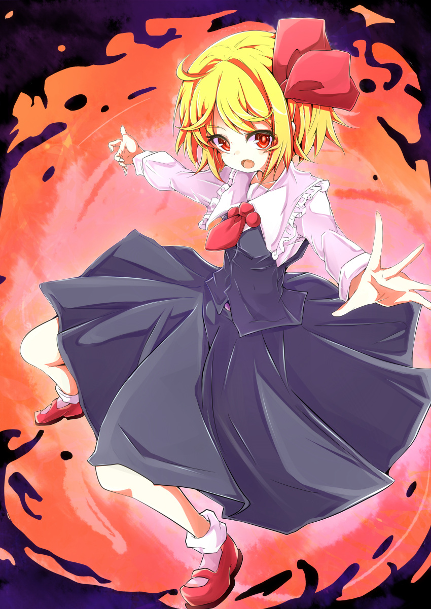 1girl absurdres baba_(pixiv3422465) blonde_hair fang frills full_body hair_ribbon highres long_skirt long_sleeves looking_at_viewer necktie open_mouth outstretched_arms red_eyes ribbon rumia shirt shoes short_hair skirt skirt_set smile socks solo touhou vest white_legwear white_shirt