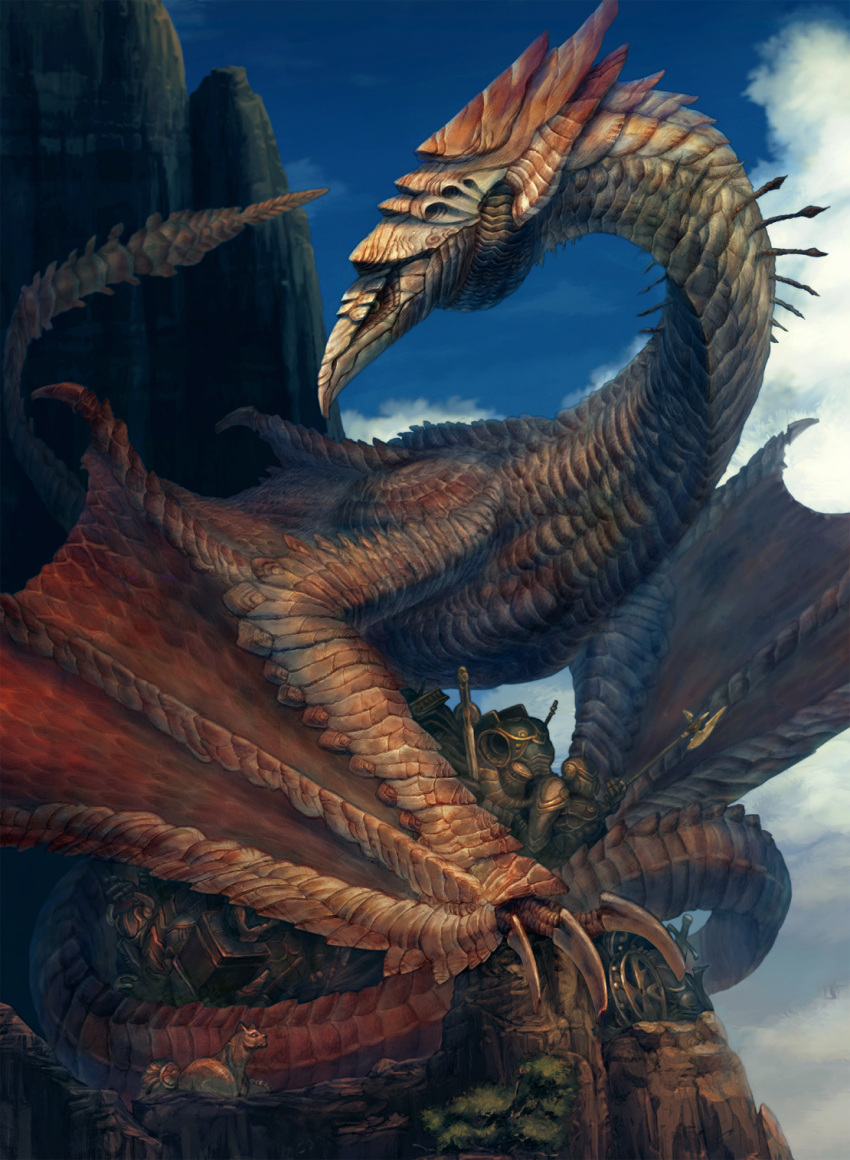 armor biomechanoid blue_sky dragon fantasy highres mountain no_humans original sky solo treasure