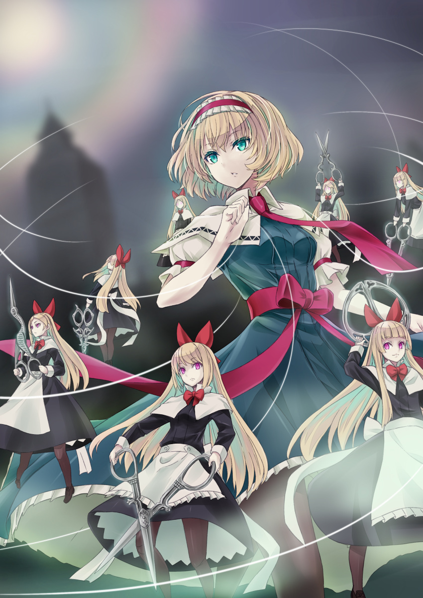 1girl absurdres alice_margatroid apron big_ben blonde_hair blue_eyes bow capelet doll dress fog hair_bow hairband highres lolita_hairband long_hair looking_away pantyhose parted_lips puppet_strings red_eyes ribbon sash scissors short_hair solo sun tengye_zhuyin touhou tower waist_apron