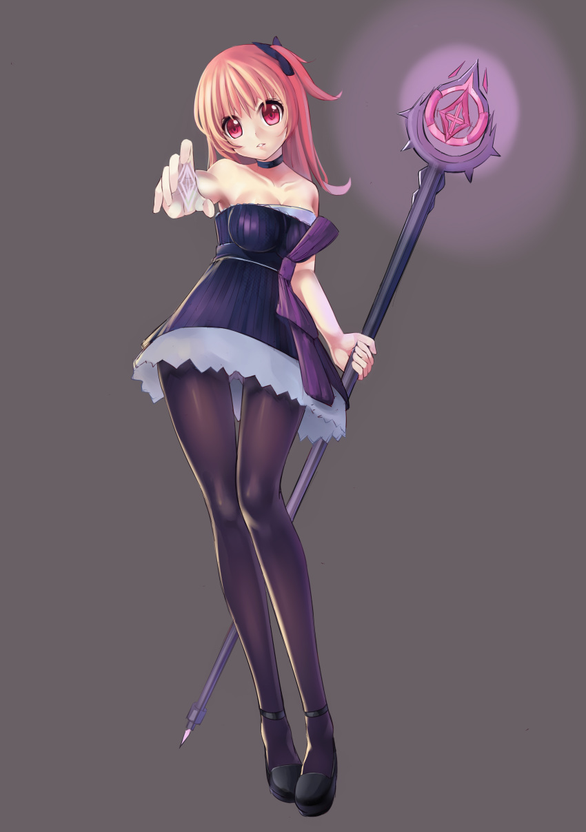 1girl absurdres aion bare_shoulders black_dress black_legwear bow breasts choker collarbone dress gem glowing hair_bow head_tilt highres long_hair mary_janes original outstretched_arm pantyhose pink_hair red_eyes shoes short_dress short_hair simple_background solo staff strapless_dress zhuoyandesailaer