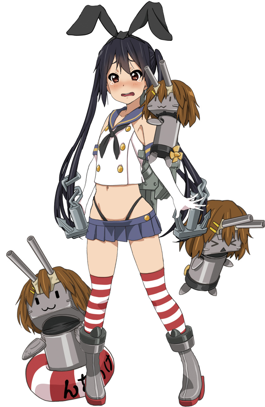 &gt;_&lt; 1girl :3 anchor black_hair black_panties blush boots brown_eyes cosplay elbow_gloves gloves hair_ornament hairband highleg highleg_panties highres k-on! kantai_collection long_hair looking_at_viewer nakano_azusa navel panties rensouhou-chan shimakaze_(kantai_collection) shimakaze_(kantai_collection)_(cosplay) simple_background skirt solo striped striped_legwear tears thighhighs transparent_background twintails underwear watanore white_gloves zettai_ryouiki