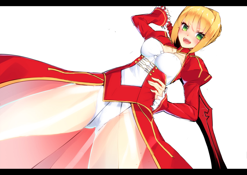 1girl absurdres aestus_estus ahoge blonde_hair breasts cleavage dress epaulettes fate/extra fate_(series) green_eyes highres kuromimi red_dress saber_extra see-through solo sword weapon