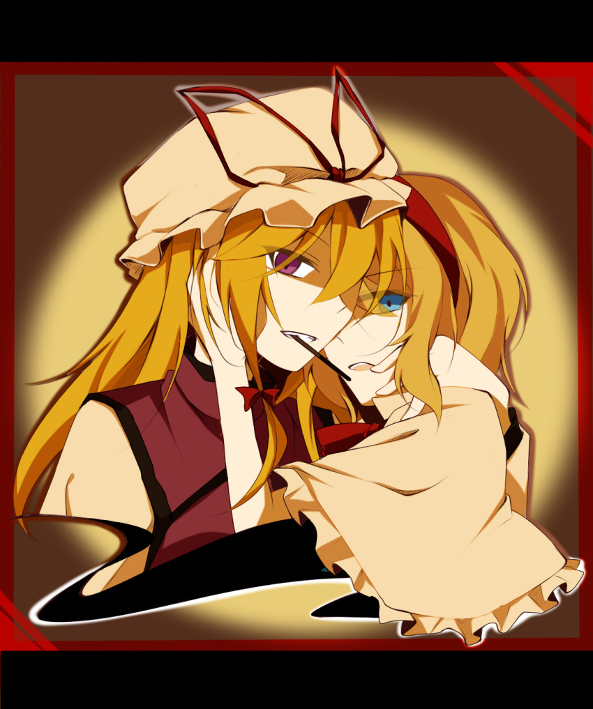 2girls alice_margatroid blonde_hair blue_eyes border capelet faech food_in_mouth gradient gradient_background grin hairband hand_on_another's_face hand_on_another's_head hat hat_ribbon highres letterboxed long_hair looking_at_viewer mob_cap multiple_girls parted_lips pocky red_border ribbon shadow short_hair smile tabard touhou violet_eyes yakumo_yukari yuri