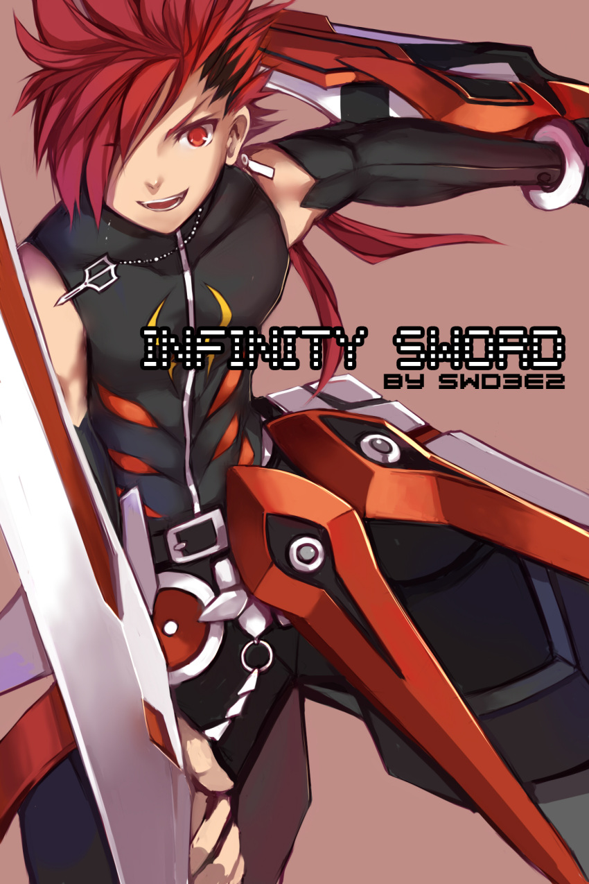 1boy armor artist_name belt black_gloves dual_wielding elbow_gloves elsword elsword_(character) gloves highres jewelry long_hair male necklace pants pink_background ponytail red_eyes redhead smile solo swd3e2 sword weapon