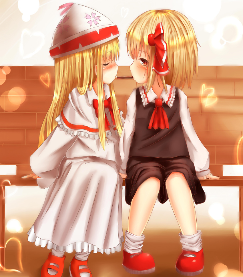 2girls absurdres bench blonde_hair blouse blush closed_eyes dress eating hair_ribbon highres lily_white long_hair miutolily multiple_girls necktie pocky pocky_kiss red_eyes ribbon rumia shared_food short_hair sitting sitting_on_bench touhou vest yuri