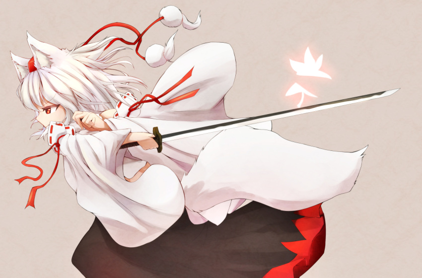 1girl animal_ears covering_mouth denak detached_sleeves fighting_stance grey_background hat highres inubashiri_momiji katana leaf maple_leaf pom_pom_(clothes) profile red_eyes simple_background skirt sword tail tokin_hat touhou weapon wide_sleeves wolf_ears wolf_tail