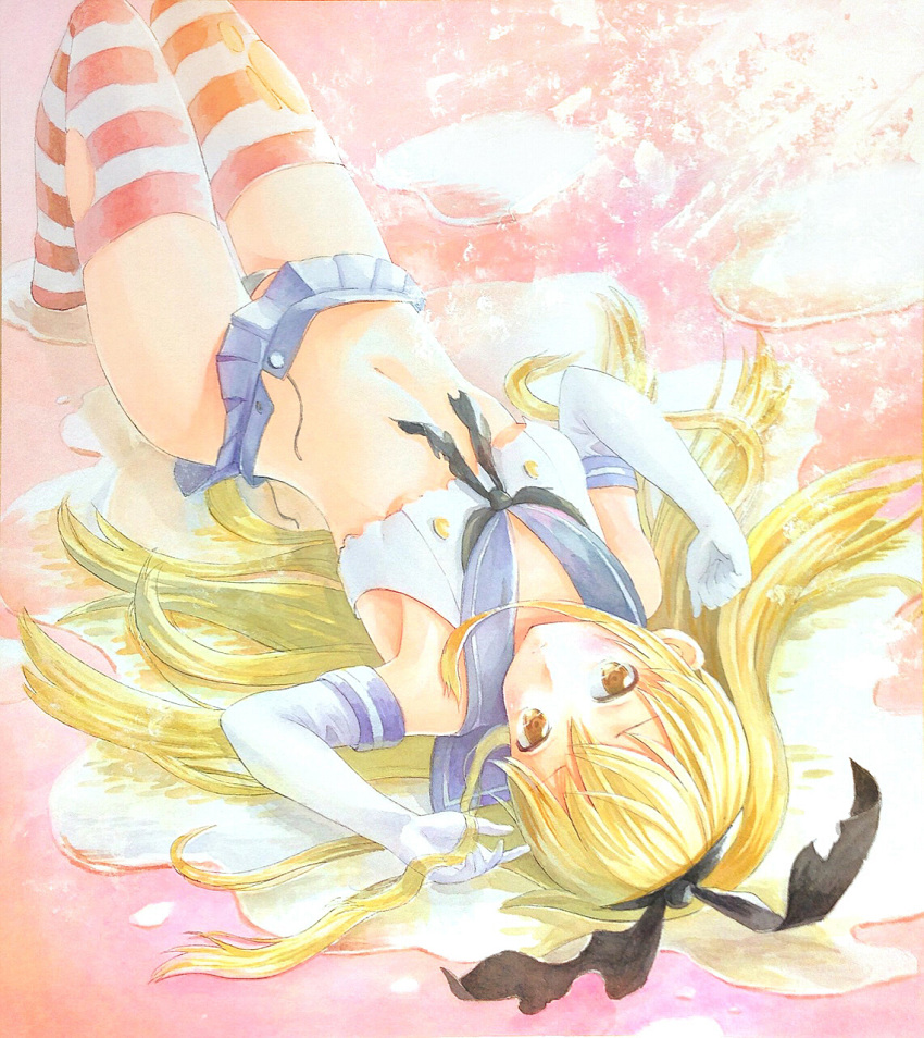 1girl black_panties blonde_hair elbow_gloves gloves hairband highres kantai_collection long_hair lying midriff navel on_back panties personification shimakaze_(kantai_collection) skirt solo striped striped_legwear thighhighs torn_clothes traditional_media tsumimitsu underwear white_gloves yellow_eyes