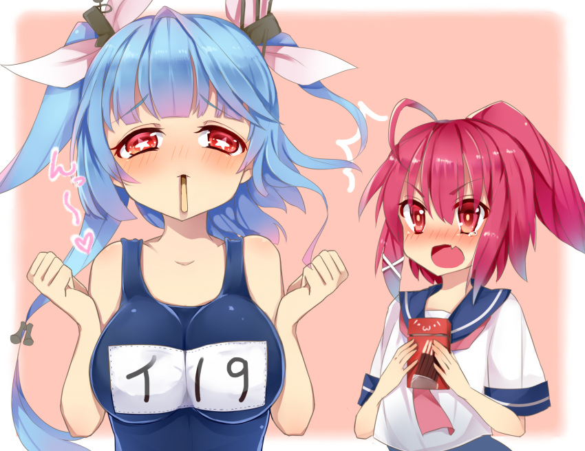 2girls :&lt; :o ahoge blue_hair blush breasts fang gradient_hair hair_ribbon highres hukasikasi i-168_(kantai_collection) i-19_(kantai_collection) kantai_collection large_breasts long_hair mouth_hold multicolored_hair multiple_girls open_mouth personification pink_hair pocky ponytail red_eyes redhead ribbon school_swimsuit school_uniform serafuku short_hair star star-shaped_pupils swimsuit symbol-shaped_pupils twintails