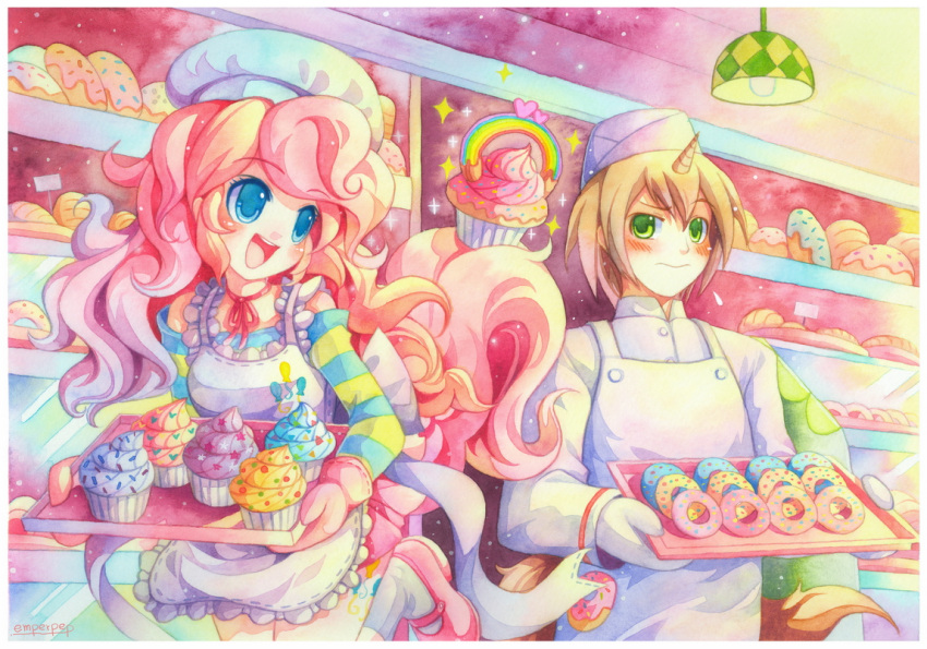 1boy 1girl :d apron bakery blue_eyes blush colorful donut_joe emperpep gloves green_eyes hat horn long_hair muffin my_little_pony my_little_pony_friendship_is_magic open_mouth personification pink pink_hair pinkie_pie shop signature smile traditional_media waist_apron watercolor_(medium)