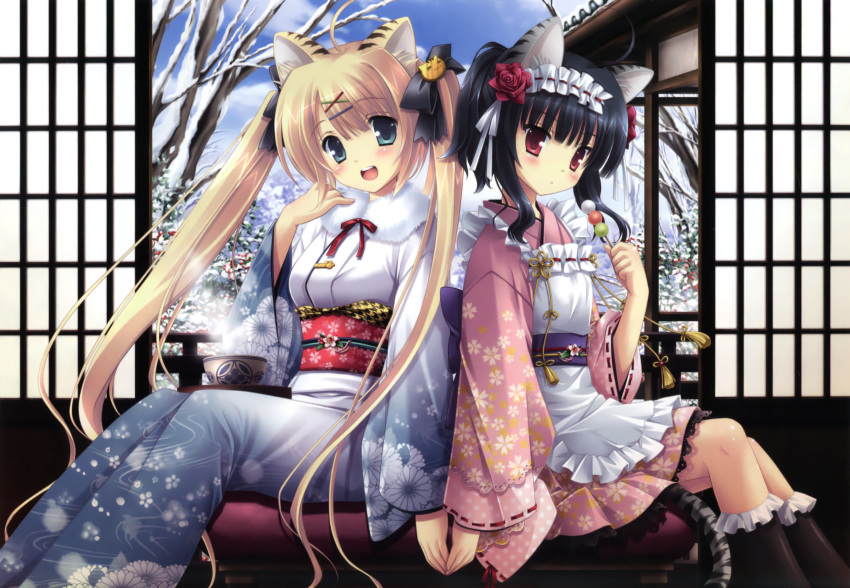 1girl :d animal_ears back-to-back black_hair black_legwear blonde_hair blue_eyes comic_toranoana highres ikegami_akane japanese_clothes kimono open_mouth red_eyes sitting smile socks tail tiger_ears tiger_tail twintails wa_maid