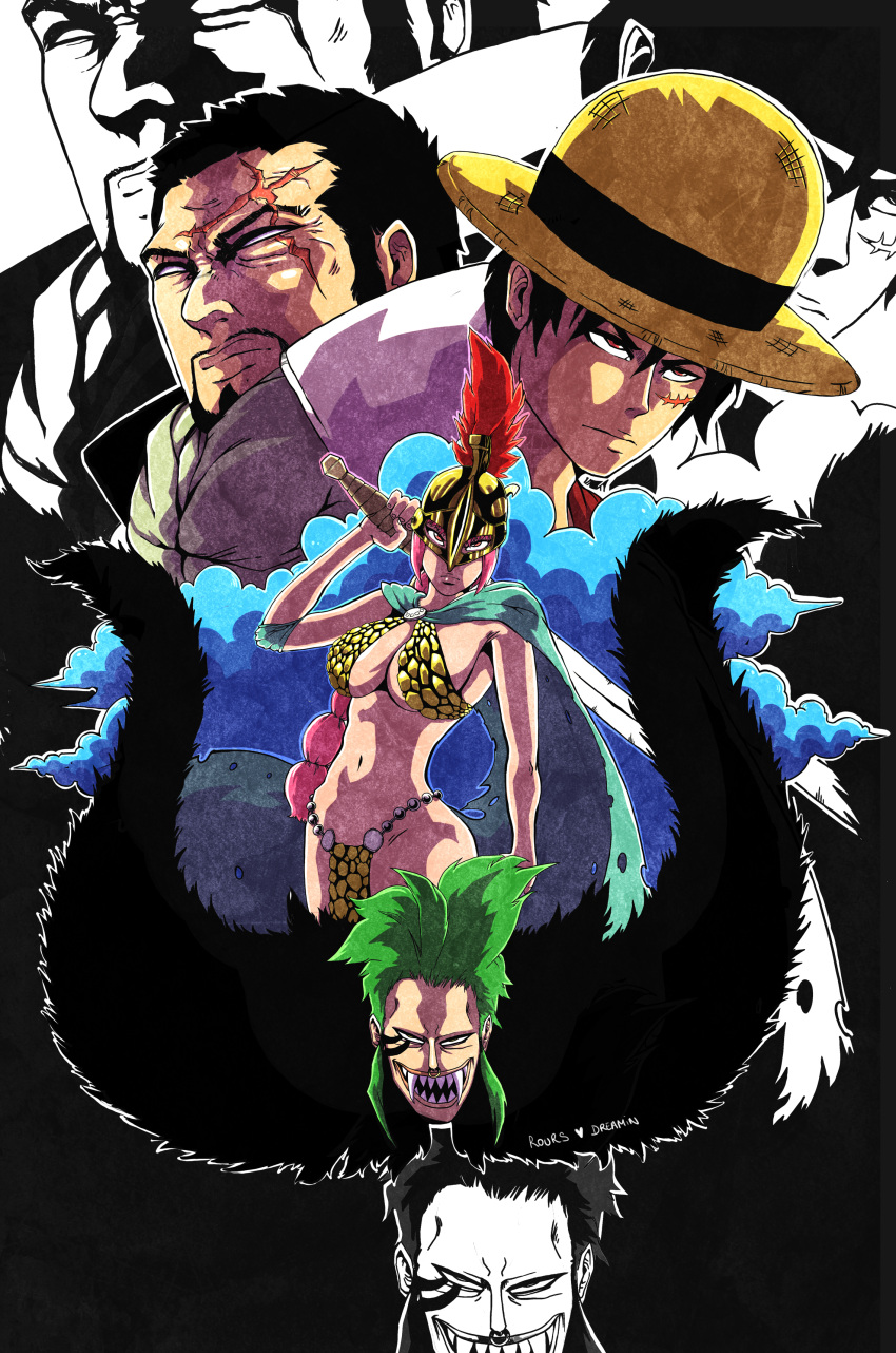 1girl 3boys absurdres armor bartolomeo bikini_armor black_hair blind breasts cape cleavage elbow_pads facial_hair fangs fur gladiator goatee green_hair hat helmet highres issho_(fujitora) long_hair monkey_d_luffy multi-tied_hair multiple_boys navel one_piece partially_colored pikoloz-dreamin pink_hair plume rebecca_(one_piece) scar short_hair signature straw_hat sword tattoo torn_cape weapon zoom_layer