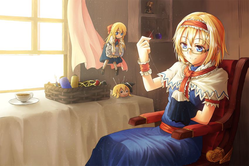 1girl alice_margatroid basket bespectacled blonde_hair blue_eyes bow capelet chair cup dust erlenmeyer_flask freeze-ex glasses hair_bow hairband hourai_doll kirisame_marisa mary_janes needle pincushion round-bottom_flask saucer semi-rimless_glasses sewing shanghai_doll shoes short_hair smile tape_measure teacup thread touhou under-rim_glasses window