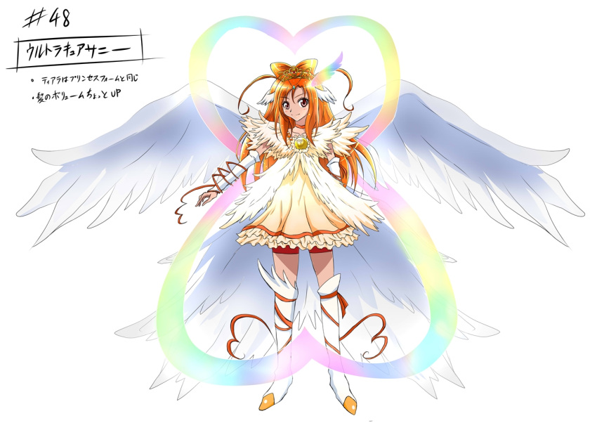 1girl alternate_costume angel_wings arm_warmers bike_shorts blush boots bow brooch choker cure_sunny detached_sleeves dress eyelashes hair_bun hair_ornament half_updo happy head_wings hino_akane jewelry knee_boots kneehighs long_hair looking_at_viewer magical_girl orange_(color) orange_dress orange_eyes orange_hair precure princess_form_(smile_precure!) ribbon shogo_(4274732) shorts shorts_under_skirt skirt smile smile_precure! solo standing tiara translation_request wings wrist_cuffs