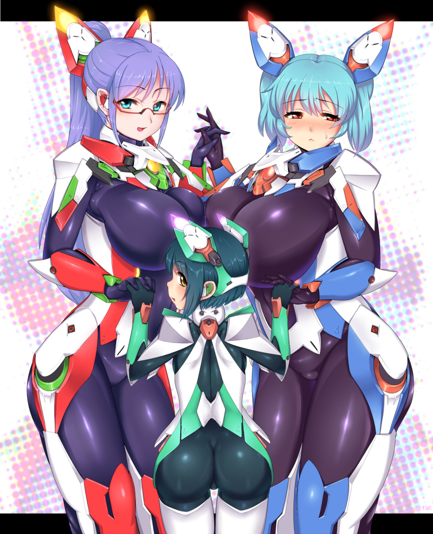 3girls :&lt; aqua_eyes aqua_hair ass asymmetrical_docking backboob blush bodysuit breast_press breasts brown_eyes embarrassed full-face_blush glasses glowing green_hair height_difference high_ponytail highres holding_hands huge_breasts interlocked_fingers letterboxed long_hair looking_at_viewer looking_away looking_back mecha_musume multiple_girls open_mouth original purple_hair red-framed_glasses red_eyes semi-rimless_glasses shiny shiny_clothes short_hair thigh_gap twintails under-rim_glasses vuccha